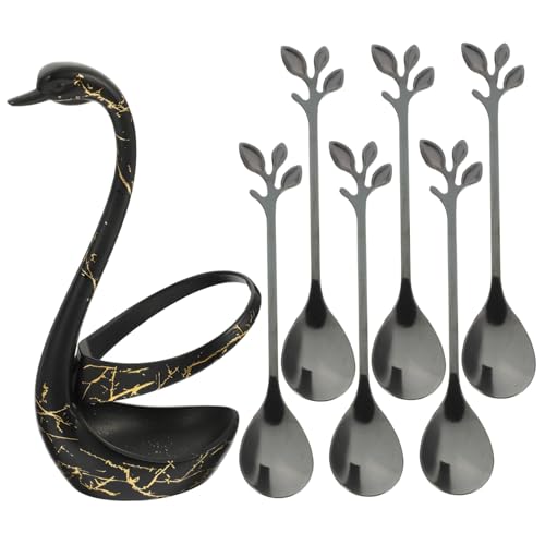 WEKADRIN Edelstahl Dessert Gewürzlöffel Set mit Schwarzem Schwanenständer Tragbares Besteck für Kaffee Kuchen und Obst Stabiler Sockel Handpoliert Modischer Löffelhalter von WEKADRIN