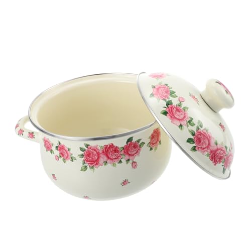 WEKADRIN Vintage Emaille Suppentopf mit Deckel Säure Alkalibeständig Doppelter Griff Hitzebeständig Rosa Rosenmuster für Suppen Eintöpfe und Nudelgerichte von WEKADRIN