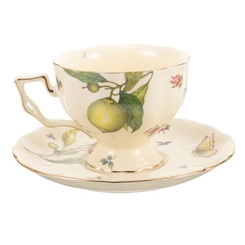 WEKADRIN Vintage Keramik Kaffeetassen mit Untertasse Große Tasse mit Zitronen schmetterling Muster Elegant und Robust für Französischen und Englischen Nachmittagstee Vielseitig und von WEKADRIN