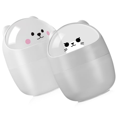 WEKAMOS 2 Stück Mini Katzen Mülleimer mit Deckel Kompakter Tischabfalleimer aus Kunststoff Niedlicher Desktop Abfallbehälter für Büro und Zuhause Platzsparender Hygienischer Mini von WEKAMOS