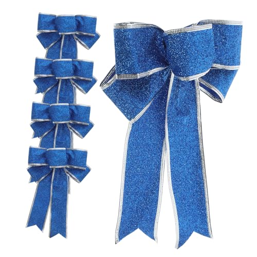 WEKAMOS 5 Stück Teiliges Weihnachtsbaumschmuck Schleifen aus Stoff Glitzernde Vorgebundene Geschenkknoten Große Blaue Weihnachtsdeko für Baum Tür Wand und Tisch Festliche von WEKAMOS