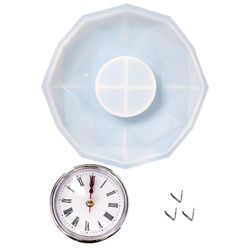 WEKAMOS DIY Polygon Uhr Silikonform Epoxidharz Gießform Handwerk Silikonform mit Silberuhr und Federclips Elastisch Reißfest Glatte Oberfläche für Einfache Entformung von WEKAMOS