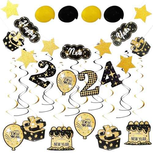 WEKAMOS Happy Year Party Deko mit Banner und Spiralen Vielseitige Innen Außendekoration für Neujahrsfeier Einfache Anwendung Bunte Festtagsornamente für Wand Baum Bühne von WEKAMOS