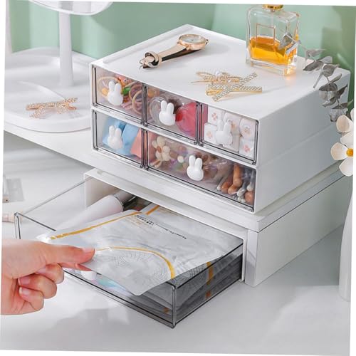 WEKAMOS Schreibtisch Organizer mit Fächern Stapelbarer Lagiger Aufbewahrungskasten mit Schubladenbox Transparenter Desktop Storage Box für Büro Kosmetik Schmuck Weißes Bunny Design von WEKAMOS
