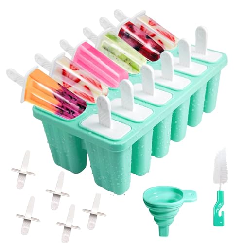 Eisformen Eis am Stiel Silikon, 12 Löcher Wiederverwendbare BPA-freie Eisförmchen mit Antihaftbeschichtung, Inklusive Silikon-Falttrichter & Reinigungsbürste für Selbstgemachtes Eis (Grün) von WEKIWGOT