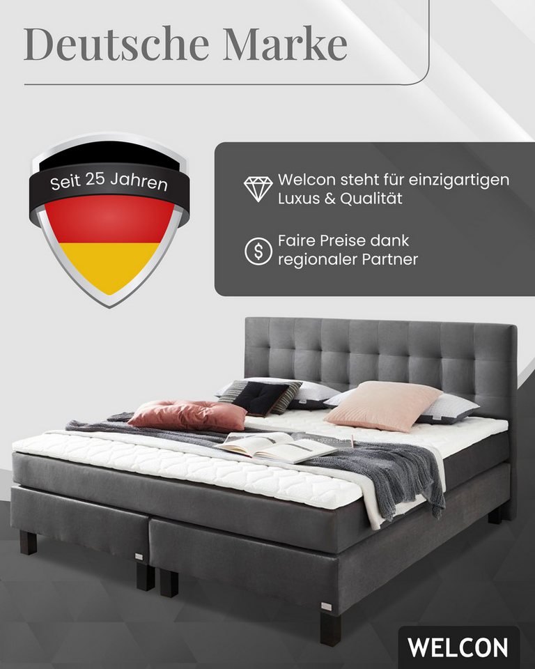 WELCON Boxspringbett ROCKSTAR Limited Edition II 180x200 cm mit Samtbezug hellgrau oder dunkelgrau, H2 oder H3 von WELCON