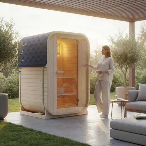 WELCON Gartensauna 1-2 Personen | Fasssauna | Sauna Outdoor und Garten 3,6 kW, 230 Volt von WELCON