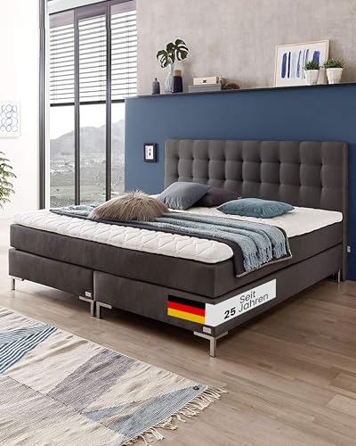 WELCON boxspringbettenshop24.de - ORIGINAL Rockstar Luxus Boxspringbett 140x200 Härtegrad 1 2 3 4 und 5 wählbar in dunkelgrau, Tonnentaschenfederkerne 1000 in der Matratze - Bett Doppelbett Ehebett von WELCON