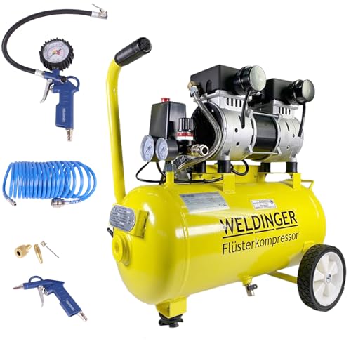 Aktionsset WELDINGER Flüsterkompressor FK 120 turbo innenbeschichteter Tank und Druckluftset 6-teilig von WELDINGER