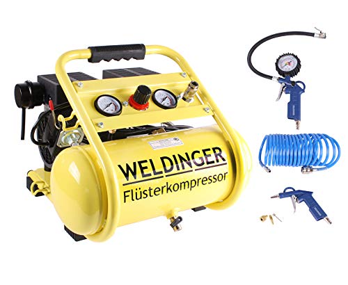 Aktionsset WELDINGER Flüsterkompressor FK 95 compact 750 W Luftabgabe 90 l ölfrei + Druckluftset 6-teilig 5 Jahre Garantie von WELDINGER