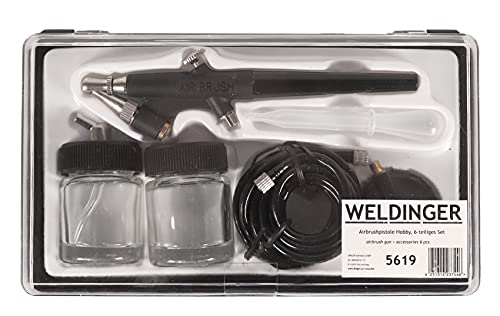 WELDINGER Airbrush-Pistole mit Zubehör, 6-teiliges Set Druckluftpistole Sprühmuster einstellbar 1/4" Schraubadapter von WELDINGER