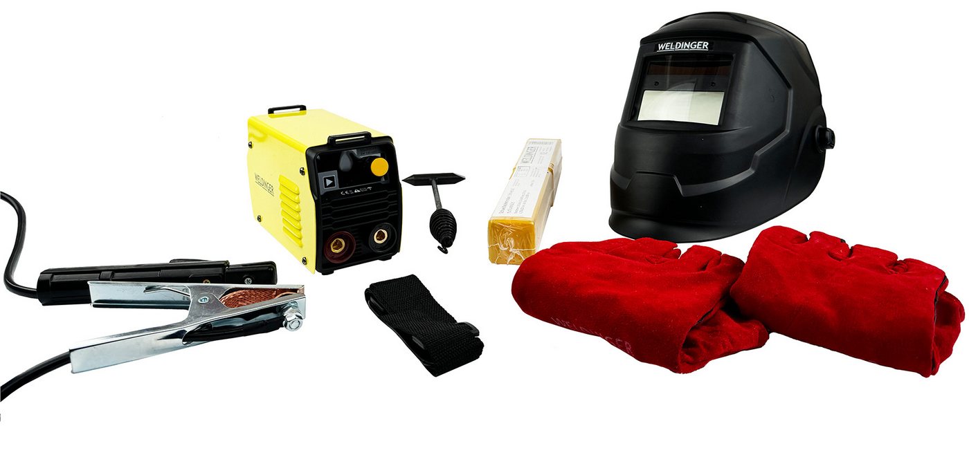 WELDINGER Elektroschweißgerät Aktionsset EW 140 mini MMA-/WIG-Schweißinverter, hohe Einschaltdauer, VRD, WIG-fähig, LCD-Display von WELDINGER