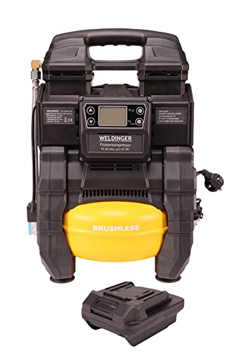 WELDINGER Flüsterkompressor FK60 akku pro 550W Druckbereich 3-9 bar Digitaldisplay 5 Liter Aluminiumtank für DeWalt 18V-Akkus 5 Jahre Garantie von WELDINGER