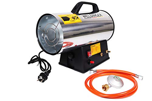 WELDINGER Gasheizkanone 13,3 kW Edelstahl mit Piezozündung Set mit Schlauch + Regler Heizgerät Bauheizer Heizgebläse von WELDINGER