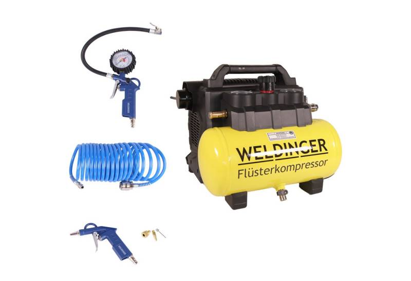 WELDINGER Kompressor Aktionsset Flüsterkompressor FK 135 pocket + 6-teiliges Druckluftset, 1100 W, max. 8 bar von WELDINGER