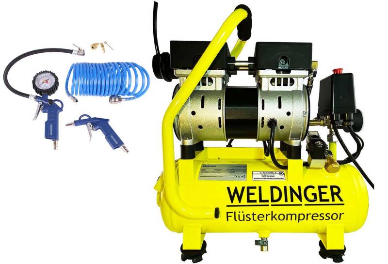 WELDINGER Kompressor Aktionsset Flüsterkompressor FK 65 pro + Druckluftset 6-teilig, 750 W, max. 9 bar von WELDINGER