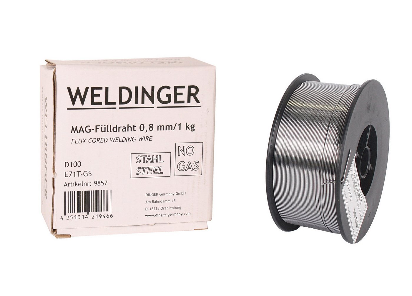 WELDINGER Schweißdraht Fülldraht Stahl 0,8 mm 1 kg D100, NoGas, Flux, Baustahl schweißen von WELDINGER