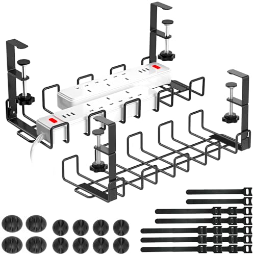 WELDUN Kabelkanal Schreibtisch, Kabelmanagement Ohne Bohren, 2 Stücke Metall-Kabel-Organizer für Drahtmanagement, Kabelkorb mit Kabelclips und Bindern, schwarz, von WELDUN