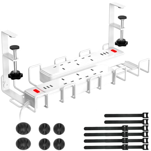 WELDUN Kabelmanagement Tray für den Schreibtisch, Kabelkanal ohne Bohren, Metall Kabelhalter für Drahtmanagement, Kabelkorb mit Kabelclips und Bindern, weiß, 1 Stück von WELDUN