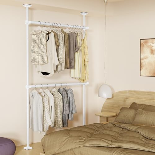 WELDUN Teleskop Kleiderstange Verstellbar Kleiderschrank Kleiderstange Raumteiler Gardinenstangen Ohne Bohren Beschädigungsfreier Stand Gardinenstangen 227-312cm (H) 71-138 cm (W), Weiß von WELDUN
