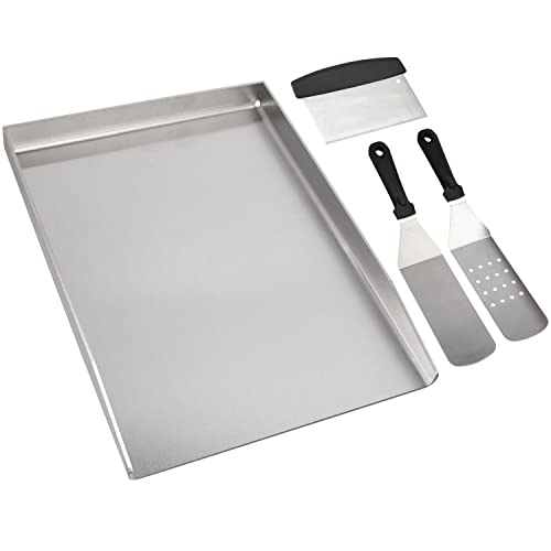 WELL GRILL 45x30 CM Edelstahl Plancha Grillplatte & Spachtel & Schaber set für Napoleon Rogue und die meisten Gasgrill und Holzkohlegrill, Universal BBQ Grillpfanne Grillschale von WELL GRILL