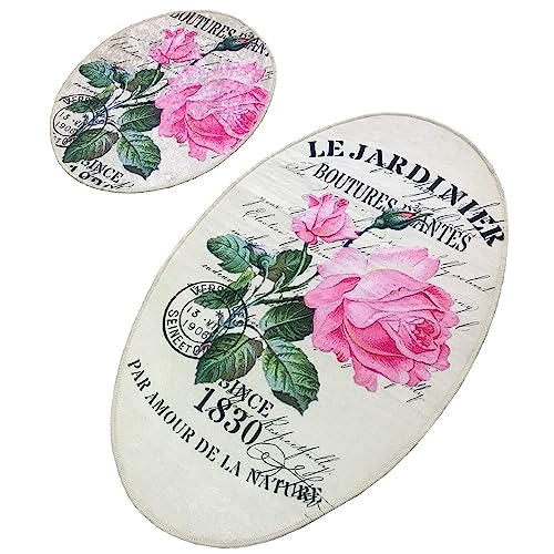 Badteppich-Set, 2-teilig, cremefarben und rosa Blume von WELL HOME MOBILIARIO & DECORACIÓN