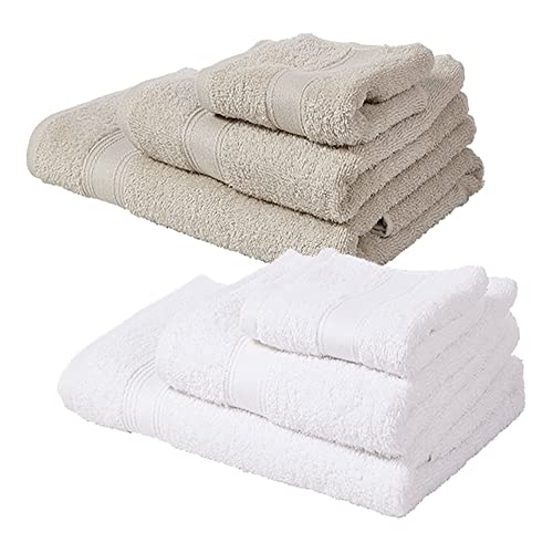 SET MIT 6 BADETÜCHERN: Weiß und Taupe: Badetücher 30X50; Spüle 50X90; Dusche 70X140 cm; 450 g/m2, 100 % Baumwolle von WELL HOME MOBILIARIO & DECORACIÓN