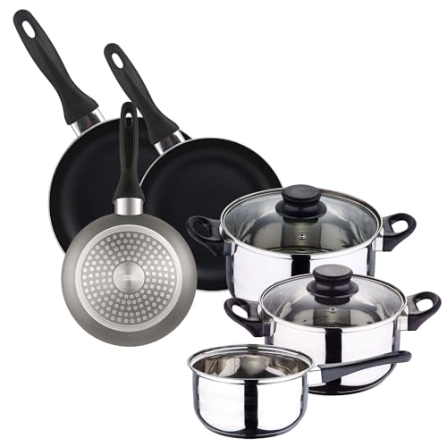 Kochgeschirr-Set, 5-teilig, Edelstahl + 3-teiliges Pfannenset, Ø 16 x 20 x 24, gepresstes Aluminium, grau-metallic Kochgeschirr-Set, 5-teilig, Edelstahl + 3-teiliges Pfannenset, Ø 16 x 20 x 24, gepresstes Aluminium, grau-metallic von WELL HOME MOBILIARIO & DECORACIÓN