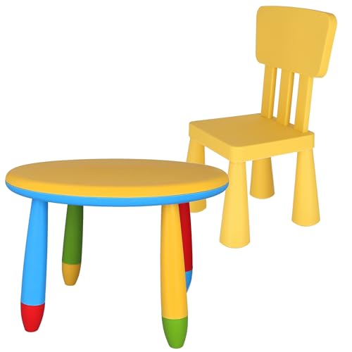 Runder Kindertisch gelb, Ø70 x H 48 cm und 1 gelber Kinderstuhl aus robustem und strapazierfähigem Kunststoff, L: 38 cm x B: 35 cm x H: 67 cm von WELL HOME MOBILIARIO & DECORACIÓN