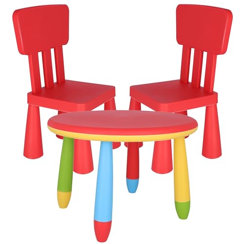 Runder Kindertisch rot, Ø70 x H 48 cm und 2 roter Kinderstuhl aus robustem und robustem Kunststoff, L:38 cm x B:35 cm x H:67 cm von WELL HOME MOBILIARIO & DECORACIÓN
