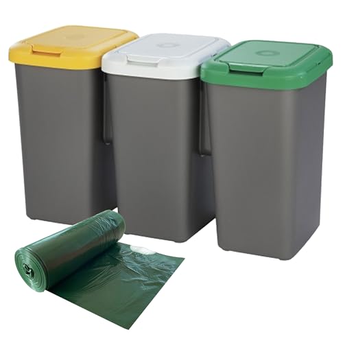 WELL HOME MOBILIARIO & DECORACIÓN Fahrrad-Abfalleimer, 3 Fächer, 3 x 25 l + Rolle mit 20 Müllbeuteln, 30 l von WELL HOME MOBILIARIO & DECORACIÓN