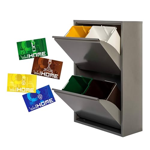 WELL HOME MOBILIARIO & DECORACIÓN Müll- und Recyclingeimer aus Metall mit 4 Fächern + 4 Magnetetiketten, 4 x 17 l (68 l), Grau glänzend von WELL HOME MOBILIARIO & DECORACIÓN
