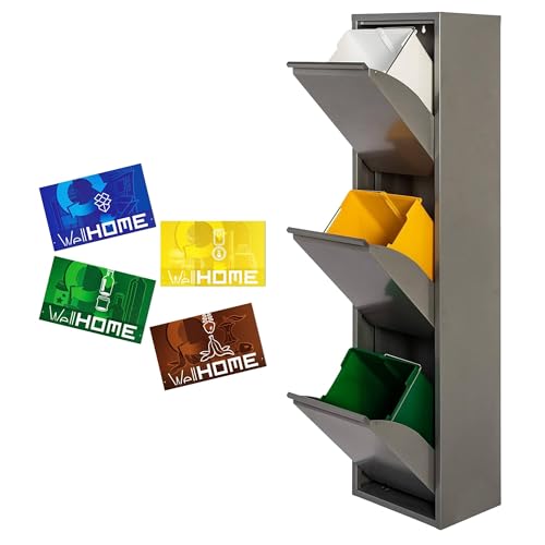 WELL HOME MOBILIARIO & DECORACIÓN Mülleimer und Recycling, Metall, 3 Fächer + 4 Magnetetiketten, 3 x 17 l (51 l), Grau glänzend von WELL HOME MOBILIARIO & DECORACIÓN