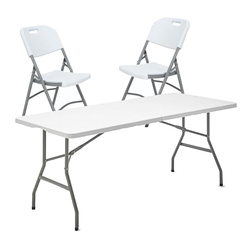 WELL HOME MOBILIARIO & DECORACIÓN Rechteckiger Klapptisch, multifunktional, 183 x 76 x 74 cm, und Set mit 2 Klappstühlen, 51 x 45 x 85,5 cm, ideal für den Außenbereich von WELL HOME MOBILIARIO & DECORACIÓN