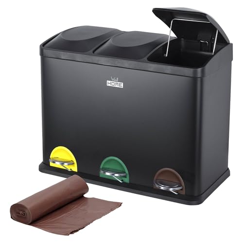 WELL HOME MOBILIARIO & DECORACIÓN Recyclingeimer, Schwarz, 45 l, 3 Fächer + Rolle mit 20 selbstschließenden Müllbeuteln, 20 l von WELL HOME MOBILIARIO & DECORACIÓN