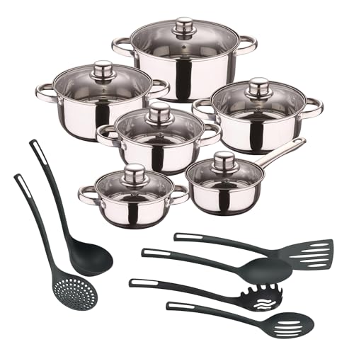 Well Home 12-teiliges Kochgeschirr-Set aus Edelstahl + 6 grundlegende Küchenutensilien aus PBT Schwarz Well Home 12-teiliges Kochgeschirr-Set aus Edelstahl + 6 grundlegende Küchenutensilien aus PBT Schwarz von WELL HOME MOBILIARIO & DECORACIÓN