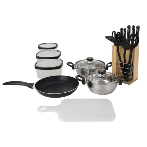 Well Home 18-teiliges Kochgeschirr-Set (1 x Pfanne + 2 x Töpfe + 1 x Schneidebrett + 1 x Schere + 3 x Nylon-Utensilien + 4 x Tuppern + 1 x Holzblock von WELL HOME MOBILIARIO & DECORACIÓN