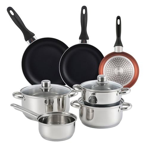 Well Home 7-teiliges Kochgeschirr-Set aus Edelstahl + 3 Pfannen, Ø 16 Ø 20 x 24 cm, Kupfer metallisiert aus gepresstem Aluminium Well Home 7-teiliges Kochgeschirr-Set aus Edelstahl + 3 Pfannen, Ø 16 Ø 20 x 24 cm, Kupfer metallisiert aus gepresstem Aluminium von WELL HOME MOBILIARIO & DECORACIÓN