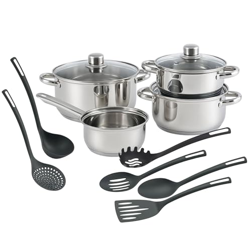 Well Home 7-teiliges Kochgeschirr-Set aus Edelstahl + 6 grundlegende Küchenutensilien aus PBT Schwarz von WELL HOME MOBILIARIO & DECORACIÓN