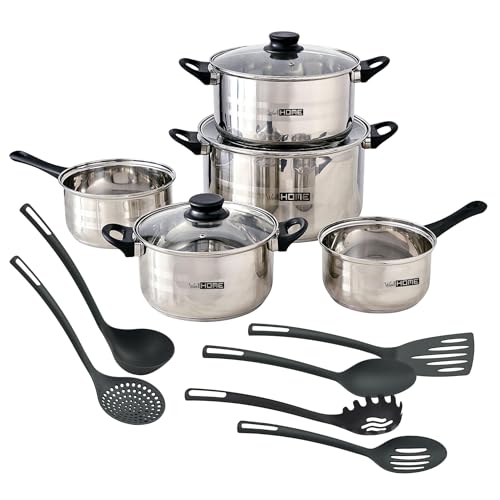 Well Home 8-teiliges Kochgeschirr-Set aus Edelstahl + 6 grundlegende Küchenutensilien aus PBT Schwarz Well Home 8-teiliges Kochgeschirr-Set aus Edelstahl + 6 grundlegende Küchenutensilien aus PBT Schwarz von WELL HOME MOBILIARIO & DECORACIÓN