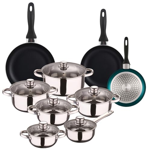 Well Home Kochgeschirr-Set, 12-teilig, Edelstahl + 3 Pfannen, Ø 16 x 20 x 24 cm, Blau metallic aus gepresstem Aluminium Well Home Kochgeschirr-Set, 12-teilig, Edelstahl + 3 Pfannen, Ø 16 x 20 x 24 cm, Blau metallic aus gepresstem Aluminium von WELL HOME MOBILIARIO & DECORACIÓN