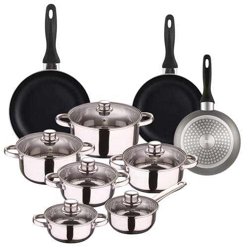 Well Home Kochgeschirr-Set, 12-teilig, Edelstahl + 3 Pfannen, Ø 16 x 20 x 24 cm, Grau, Metallic, aus gepresstem Aluminium von WELL HOME MOBILIARIO & DECORACIÓN