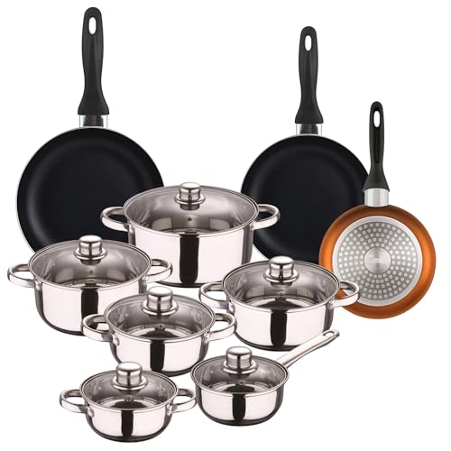 Well Home Kochgeschirr-Set, 12-teilig, Edelstahl + 3 Pfannen, Ø 16 x 20 x 24 cm, Kupfer metallisiert aus gepresstem Aluminium Well Home Kochgeschirr-Set, 12-teilig, Edelstahl + 3 Pfannen, Ø 16 x 20 x 24 cm, Kupfer metallisiert aus gepresstem Aluminium von WELL HOME MOBILIARIO & DECORACIÓN