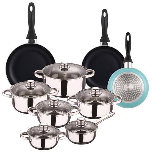 Well Home Kochgeschirr-Set, 12-teilig, Edelstahl + 3 Pfannen, Ø 16 x 20 x 24 cm, Mattblau, aus gepresstem Aluminium von WELL HOME MOBILIARIO & DECORACIÓN