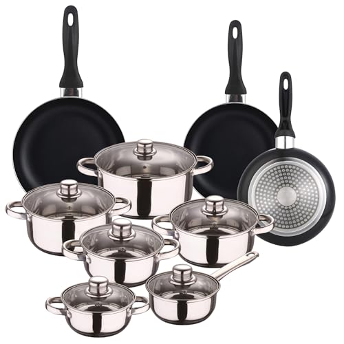 Well Home Kochgeschirr-Set, 12-teilig, Edelstahl + 3 Pfannen, Ø 16 x 20 x 24 cm, Schwarz, aus gepresstem Aluminium Well Home Kochgeschirr-Set, 12-teilig, Edelstahl + 3 Pfannen, Ø 16 x 20 x 24 cm, Schwarz, aus gepresstem Aluminium von WELL HOME MOBILIARIO & DECORACIÓN