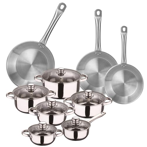 Well Home Kochgeschirr-Set, 12-teilig, aus Edelstahl, Ø 20 cm, Ø 24 cm und Ø 28 x 5 cm, induktionsgeeignet, ohne Antihaftbeschichtung von WELL HOME MOBILIARIO & DECORACIÓN
