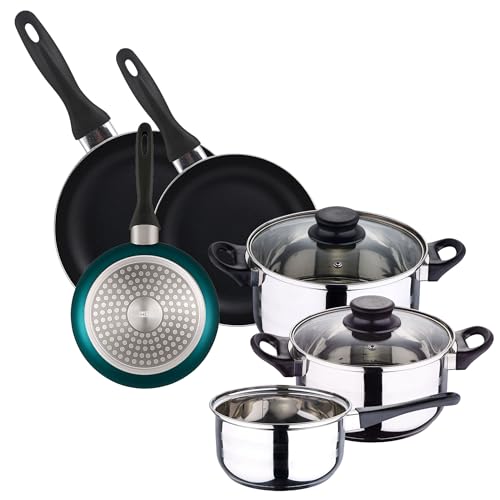Well Home Kochgeschirr-Set, 5-teilig, Edelstahl + 3 Pfannen, Ø 16 x 20 x 24 cm, Blau metallic aus gepresstem Aluminium Well Home Kochgeschirr-Set, 5-teilig, Edelstahl + 3 Pfannen, Ø 16 x 20 x 24 cm, Blau metallic aus gepresstem Aluminium von WELL HOME MOBILIARIO & DECORACIÓN