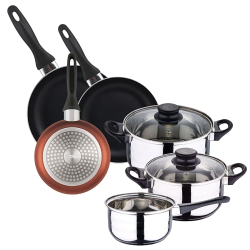 Well Home Kochgeschirr-Set, 5-teilig, Edelstahl + 3 Pfannen, Ø 16 x 20 x 24 cm, Kupfer metallisiert aus gepresstem Aluminium Well Home Kochgeschirr-Set, 5-teilig, Edelstahl + 3 Pfannen, Ø 16 x 20 x 24 cm, Kupfer metallisiert aus gepresstem Aluminium von WELL HOME MOBILIARIO & DECORACIÓN
