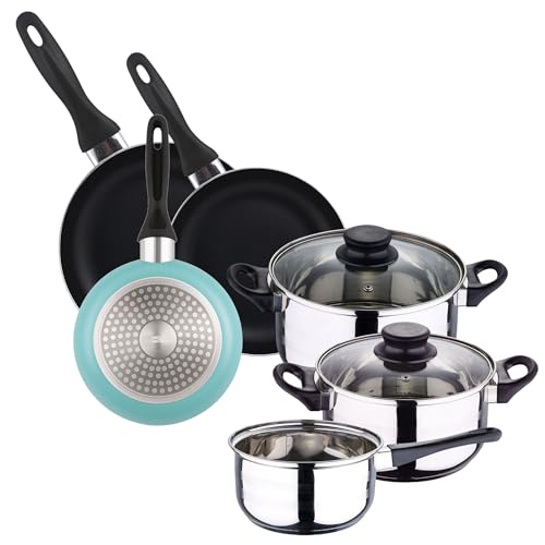 Well Home Kochgeschirr-Set, 5-teilig, Edelstahl + 3 Pfannen, Ø 16 x 20 x 24 cm, Mattblau, aus gepresstem Aluminium Well Home Kochgeschirr-Set, 5-teilig, Edelstahl + 3 Pfannen, Ø 16 x 20 x 24 cm, Mattblau, aus gepresstem Aluminium von WELL HOME MOBILIARIO & DECORACIÓN