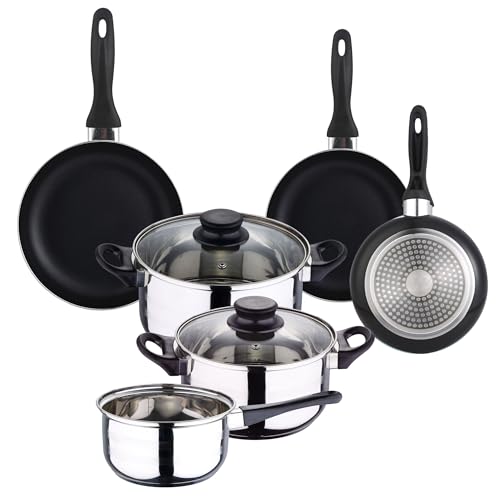 Well Home Kochgeschirr-Set, 5-teilig, Edelstahl + 3 Pfannen, Ø 16 x 20 x 24 cm, Schwarz, aus gepresstem Aluminium Well Home Kochgeschirr-Set, 5-teilig, Edelstahl + 3 Pfannen, Ø 16 x 20 x 24 cm, Schwarz, aus gepresstem Aluminium von WELL HOME MOBILIARIO & DECORACIÓN